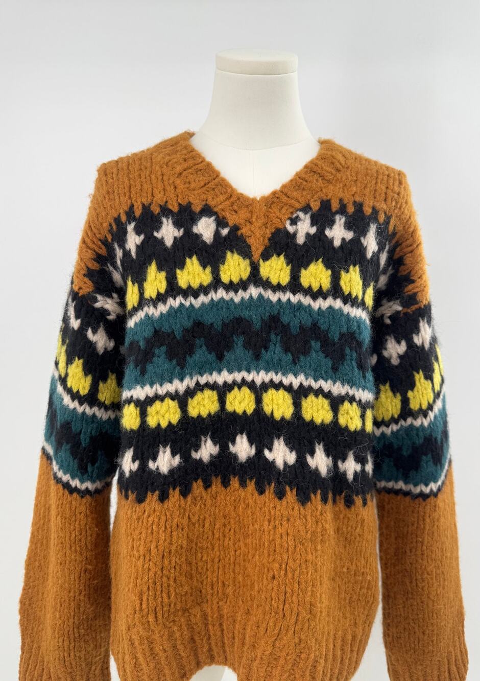 RE/DONE 50's Russet Fair Isle Alpaca V-Neck Sweater Oversized Chunky Knit M
